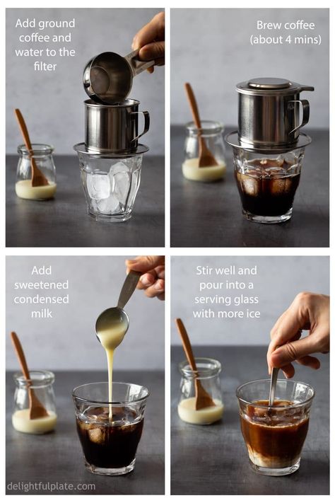 Step-by-step how to brew Vietnamese Iced Coffee (Cafe Sua Da) at home. Coffee Brewing Methods, Vietnamese Iced Coffee, Coffee Infographic, Coffee Ingredients, Vietnamese Coffee, Coffee Obsession, Coffee Menu, Dark Roast Coffee, Coffee Drink Recipes