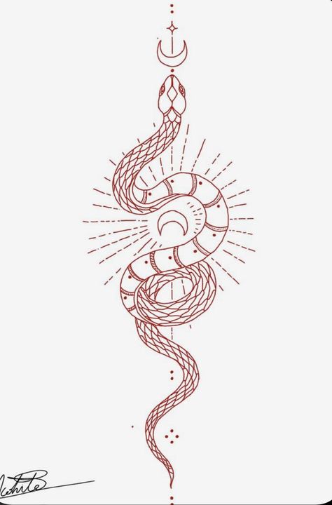 Snake And Moon Back Tattoo, Snake Tattoos Geometric, Snake On Back Tattoo Women, Tattoo Ideas With Snakes, Snake With Sun And Moon Tattoo, Snake Words Tattoo, Snake Tattoo Down Spine, Serpent Back Tattoo Women, Taurus Snake Tattoo