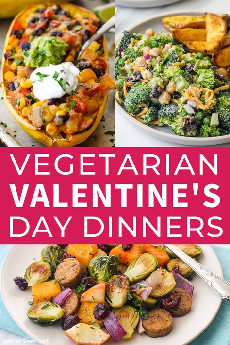 Plates of stuffed spaghetti squash, broccoli salad, and roasted veggies with vegetarian sausage. Romantic Vegetarian Dinner, Valentines Food Dinner, Night Dinner Recipes, Date Night Recipes, Romantic Meals, Romantic Dinner Recipes, Valentine Dinner, Valentines Day Dinner, Recipes Indian