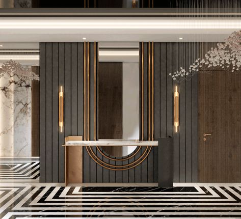 Console Wall Designs, Foyer Wall Design Modern Entrance, Modern Lux Entryway, Luxurious Wall Design, Modern Entrance Foyer Design Luxury, Modern House Entrance Interior, Entrance Wall Ideas, Entrance Foyer Design Luxury, Console Design Modern Luxury