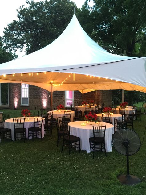 Party Tent Ideas Backyards, Backyard Wedding White Tent, String Lights Outdoor Wedding Tent, White Tent With String Lights, Outdoor Party With Tent, Tent Party Ideas Backyards Lights, Tented Backyard Party, Outside Tent Party, Diy Tent Lighting Wedding