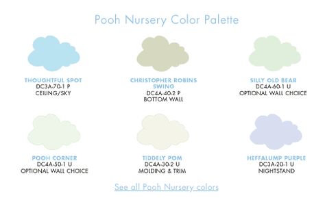 Classic Pooh Nursery paint colors... Disney Colors at Home Depot Vintage Winnie The Pooh Color Palette, Winnie The Pooh Colour Palette, Winnie The Pooh Nursery Paint Colors, Winnie The Pooh Nursery Colors, Winnie The Pooh Color Scheme, Winnie The Pooh Color Palettes, Classic Pooh Nursery, Nursery Color Palette, Nursery Paint