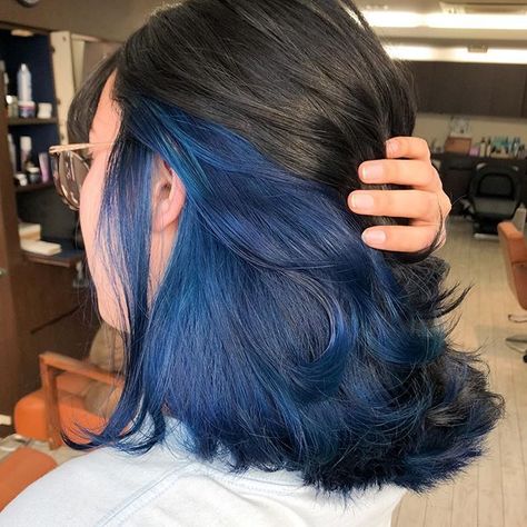 Blue Peekaboo Hair, Blue Hair Underneath, Blue Peekaboo, Under Hair Dye, Midnight Blue Hair, Blue Hair Highlights, Hidden Hair Color, Dyed Hair Blue, Hair Color Underneath