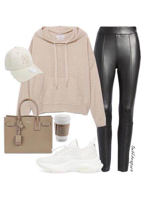 Beige Leather Leggings Outfit, Sweatshirt And Leather Leggings Outfit, Beige Baseball Cap Outfit, Leggins Beige Outfit, Jumper And Leggings Outfits, Steve Madden Sneakers Outfit Casual, Beige Hoodie Outfit For Women, Cream Sweatshirt Outfit, Beige Leggings Outfit Winter