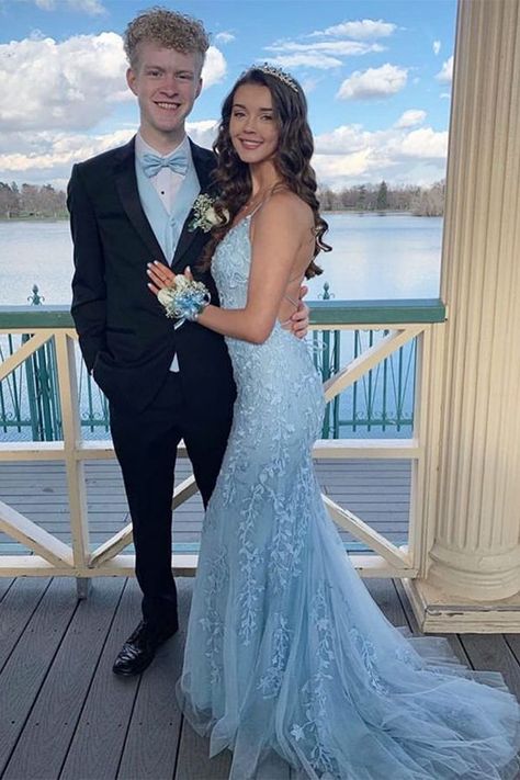 7c4ede33a62160a19586f6e26eaefacfdesc43678325ri Light Blue Prom, Blue Mermaid Prom Dress, Prom Pics, Princesa Tiana, Prom Couples, Light Blue Prom Dress, Beautiful Features, Suits Prom, Blue Prom Dress