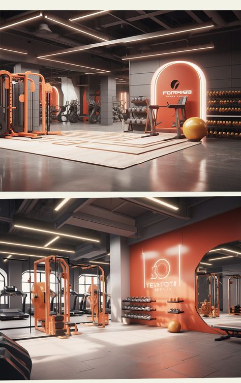 Gym Lounge Design, Orange Gym Interior, Fitness Center Design Architecture, Aesthetic Gym Design, Industrial Gym Interior, Commercial Gym Design Ideas, Private Gym Design, Commercial Gym Design Interiors, Gym Interior Design Ideas Fitness Studio