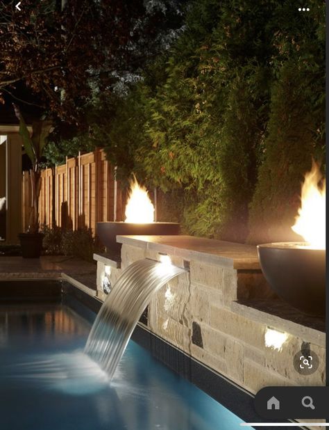 Ideas De Piscina, Swimming Pool Waterfall, Rectangle Pool, Dream Backyard Pool, Pools Backyard Inground, Pool Water Features, Pool Remodel, Pool Landscape Design, Fire And Water