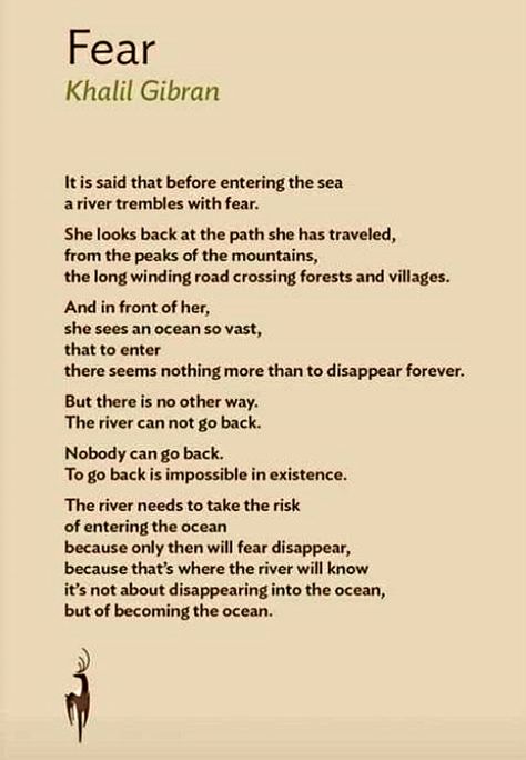 If there is no going back, the river has one choice only. The risk exists only in the river’s mind. Ergo, any actual risk is non-existant. Khalil Gibran Poems, River Poem, No Going Back, Khalil Gibran, Sufi Quotes, Awakening Quotes, Quotes About Love And Relationships, English Teaching, Kahlil Gibran