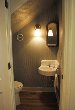 Transitional Powder Room - transitional - Powder Room - Raleigh Powder Room Under Stairs Layout, Tiny Closet Powder Room, Closet Bathroom Tiny, Tiny Closet Bathroom, 3x5 Powder Room, Corner Sink Cloakroom, Small Corner Bathroom Sink, Tiny Corner Sink, Bathroom Under Basement Stairs