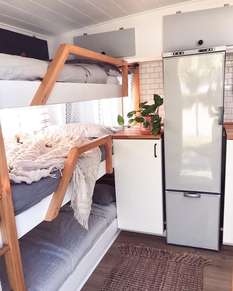 Caravan bunk bed - triple bunks give everyone their own permanent bed. #caravanbunkbeds #caravanbunks #RVbunks Caravan Bunk Beds, Caravan Bunks, Camper Bunk Beds, Rv Bunk Beds, Kombi Motorhome, Triple Bunk Beds, Caravan Makeover, Camper Trailer Remodel, Vintage Camper Remodel