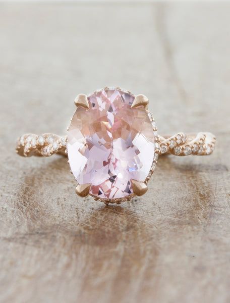 Matilda - Morganite Morganite Engagement Ring Oval, Oval Morganite Ring, Unique Engagement Rings Rose Gold, Rose Gold Halo Engagement Ring, Twisted Band Ring, Pink Engagement Ring, Pink Sapphire Ring Engagement, Rose Gold Diamond Ring Engagement, Oval Diamond Engagement Ring