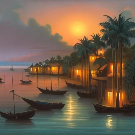 Fantasy Tropical Village, Polynesian Fantasy Art, Fantasy Beach Village, Fantasy Tropical Island, Dock Art, Fantasy Beach, Fantasy Village, Polynesian Village, Beach Village