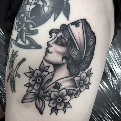 Nurse lady for nurse Chloe 🖤 Thankyou lovely! #nurse #nursetattoo #ladytattoo #ladyface Medical Tattoo, Nurse Tattoo, Traditional Tattoo Designs, Wicked Tattoos, Spooky Tattoos, Sketch Tattoo Design, Pin Up Tattoos, Head Tattoos, Time Tattoos