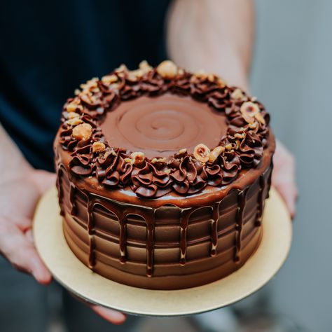 Hazelnut Cake Decoration, Hazelnut Chocolate Cake, Brownies Ideas, Praline Cake, Chocolate Hazelnut Cake, Cookie Dough Cake, Hazelnut Cookies, Pan Cake, Hazelnut Cake