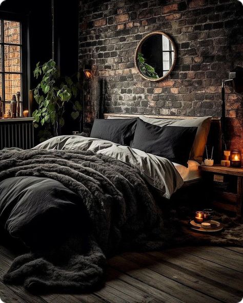 Black Limewash Bedroom, Black Rustic Bedroom, Black Themed Bedroom, Emerald Bedroom, Brick Interior Design, Chocolate Bedroom, Brick Wall Bedroom, Brick Room, Moody Decor