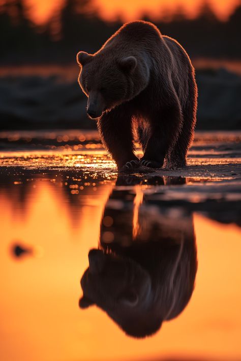 Immerse yourself in the tranquil beauty of nature with this captivating image of a brown bear meandering through serene waters at sunset. Save & follow for more visual escapes. The scene exudes a peaceful harmony, as the day's final rays paint the sky and water in a warm, glowing tapestry of oranges and reds, with gentle ripples dancing around the majestic creature. A moment of pure wilderness bliss captured in time. 🌅🐻 #NaturePhotography #SunsetMagic Bear Pictures Aesthetic, Grizzly Bear Wallpaper, Brown Bear Aesthetic, Grizzly Bear Photography, Bear In The Woods, Sky And Water, Bear Photography, Bear Images, Harmony With Nature