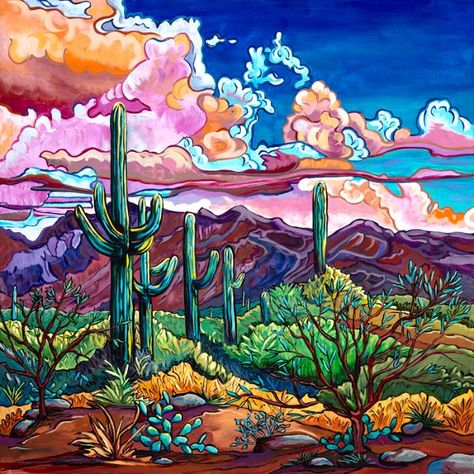 Cactus Mural, Southwest Art Paintings, Rock Cactus, Mexican Artwork, Beautiful Desert, Beautiful Cactus, Desert Scene, Southwestern Art, Cactus Painting