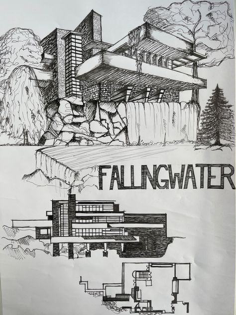 Fallingwater Falling Water House Drawing, Ink Architecture, Architecture Career, Falling Water House, Art Analysis, Frank Lloyd Wright Architecture, Falling Water, Water Villa, Water House