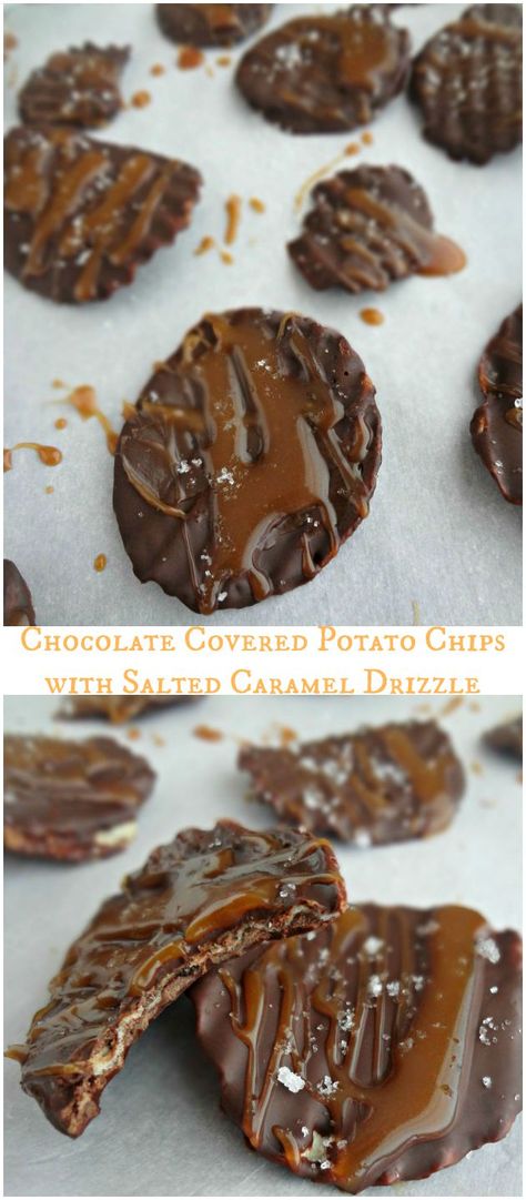 The Cooking Actress: Chocolate Covered Potato Chips with Salted Caramel Drizzle. The perfect easy sweet and salty snack! Infused Sweets, Chocolate Covered Potato Chips, Halloween Food Appetizers, Potatoes Recipes, Peach Syrup, Caramel Drizzle, Chocolate Making, Parchment Paper Baking, Salted Caramel Sauce