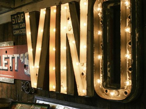 The third in our series of vintage marquee letter signs: VINO! Industrial Lights, Letter Lights, Lighted Marquee Letters, Vintage Letters, Vintage Marquee, Bar Designs, Twelfth Night, Light Letters, Lightbulbs