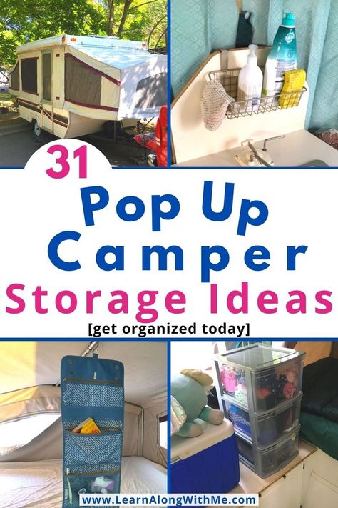 Get organized with these pop up camper storage ideas and organization tips.  The article has storage ideas for clothes, dishes, small items, and more.
Plus there are a variety of hanging storage ideas to help you make the most out of the vertical space in your pop up camper.
One thing we've noticed with our pop up camper is its small footprint makes it necessary to think about using vertical space like hanging organizers.  
#popupcamperstorage  #popupcamperorganization  #popupcamperhacks Pop Up Camper Storage Ideas, Pop Up Camper Storage, Storage Ideas For Clothes, Hanging Storage Ideas, Pop Up Camper Accessories, Jayco Pop Up Campers, Camper Storage Ideas, Small Pop Up Campers, Tent Trailer Remodel