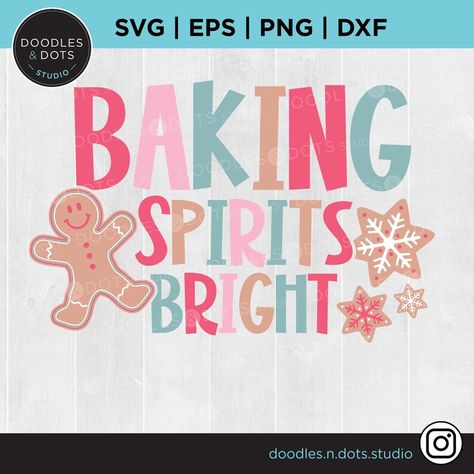 Holiday bakers take note: this Baking Spirits Bright svg is perfect for those Christmas Cookie baking sessions with family or friends! This digital download file is easy to cut on a Cricut or Silhouette and can also be used for sublimation, print and press or even just as clipart for Christmas Cookie themed invitations. For personal or commercial use. Christmas Baking Signs, Baking Spirits Bright Svg, Christmas Baking Svg Free, Bakers Gonna Bake Svg, Christmas Baking Svg, Christmas Cookie Baking, Baking Svg, Baking Spirits Bright, Team Sweatshirts