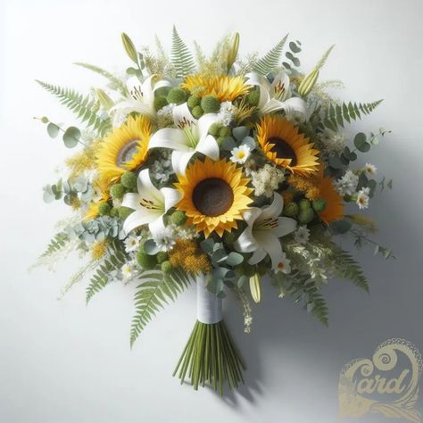 https://card9.com/ai/yellow-sunflower-wedding-bouquet Sunflower And Lily Bouquet, Sunflower And Daisy Bouquet, Sunflowers And Lilies, Yellow Flowers Bouquet, Wedding Yellow, Sunflower Themed Wedding, Sunflower Wedding Bouquet, Mini Sunflowers, Bridal Sunflowers