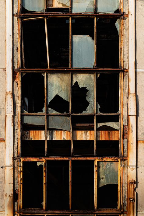 Factory Aesthetic, Boarded Up Windows, Boarding Up Windows, Broken Windows, Window Photography, Metal Board, Break Wall, Abandoned Factory, Broken Window