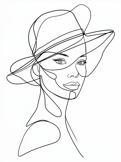 ontinuous contour line drawing depicting a woman's face adorned with a hat. Contour Face Drawing, Contour Line Drawing Face, Line Drawing Face, Contour Line Drawing, Contour Face, Drawing Face, Contour Line, Face Contouring, Face Drawing