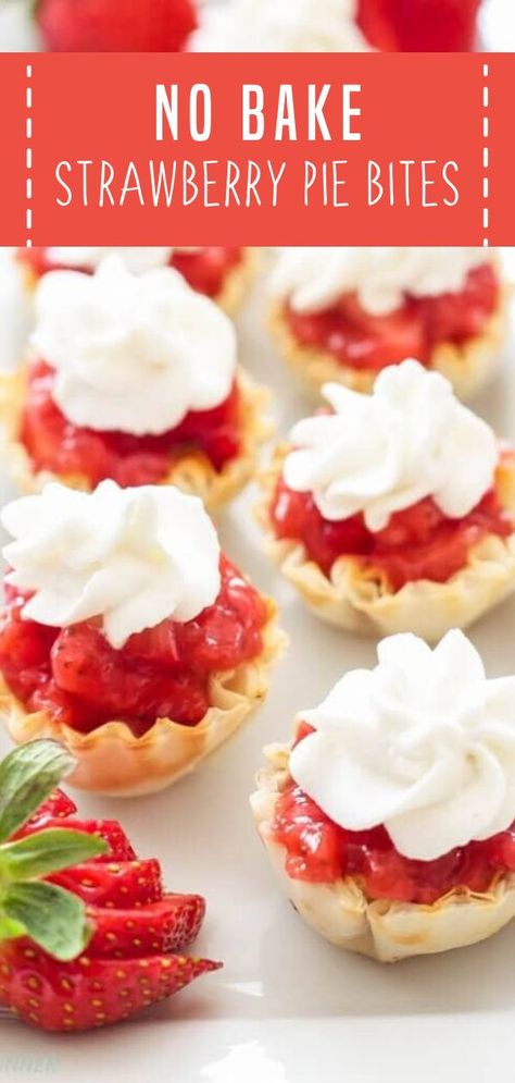 The perfect way to have your spring season food without turning on the oven! No Bake Strawberry Pie Bites are just the right size to satisfy your sweet tooth. Simply make the filling of this healthy spring recipe on a stovetop and spoon it into pre-baked phyllo shells!