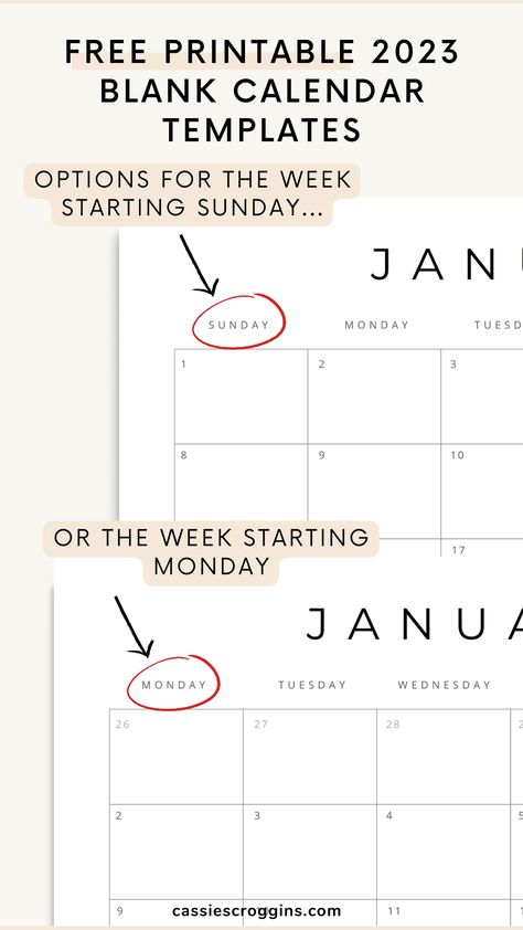 Free printable 2023 calendar pages January through December. Print all 12 at once or each month individually! Sunday through Saturday and Monday through Sunday options!January 2023, February 2023, March 2023, April 2023, May 2023, June 2023, July 2023, August 2023, September 2023, October 2023, November 2023, December 2023. #cassiescroggins #planning #productivity Calendar design, printables, template, ideas. Blank monthly calendars January February March 2023 Calendar, Free Print Calendar 2023, Monthly Planner 2023 Free Printable, Free Calendar Template 2023, Monthly Calender Printables 2023, 2023 Calendar Printable Free Monday Start, Calender Template 2023, 2023 Calendar Printable Free Monthly Landscape, Free Planner Templates 2023