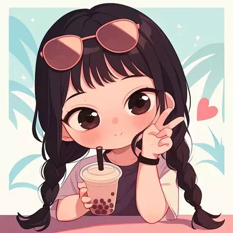 Anime Drinking Boba, Pfps Brown Hair, Anime Drinking, Chibi Girl, Brown Hair, Cute Drawings, Drawings, Hair, Anime