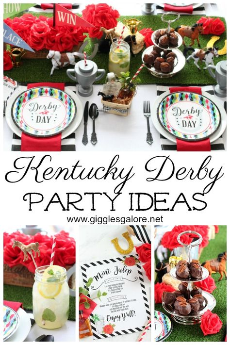 It’s time to sound the trumpet and watch the “fastest two minutes in sports” unfold.  That’s right we are off to the races and ready to celebrate with lots of creative Kentucky Derby Party Ideas! #parties #partyideas #kentuckyderby #diy #diyparty #kentuckyderbypartyideas Derby Event Ideas, Derby Betting Ideas, Horse Races Themed Party, Horse Race Party Decorations, Day At The Races Party Theme, Derby Birthday Party Adult, Derby 30th Birthday, Ky Derby Decorations, Kentucky Derby Betting Ideas