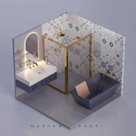 Bathroom Concept Art, Isometric Bathroom, Isometric Bedroom 3d, Low Poly Isometric Room, Bathroom 3d Warehouse, Bathroom Model, Interior Architecture Drawing, House Floor Design, Architecture Model House