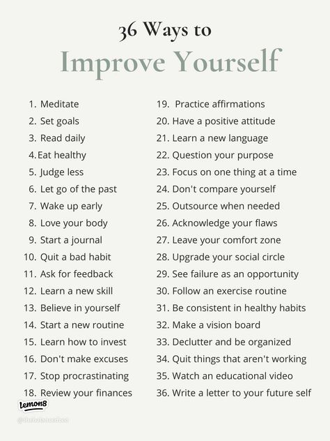 36 Ways to Improve Yourself (save this) ✨ | Gallery posted by Michelle G. | Lemon8 Becoming Her Aesthetic, Habits Checklist, Ways To Improve Yourself, Becoming Her, Her Aesthetic, Better Version Of Yourself, Practicing Self Love, Self Care Bullet Journal, Writing Therapy