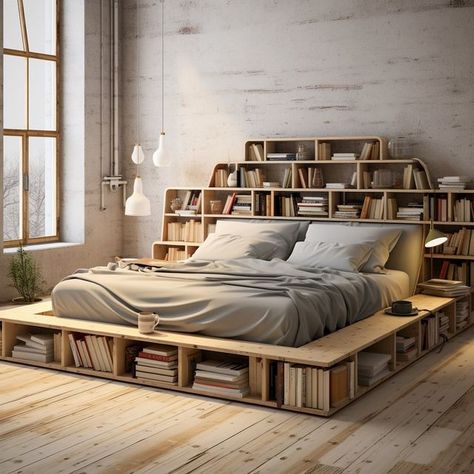 Ecosapiens on Instagram: "Introducing our innovative bed with an integrated bookshelf – a perfect fusion of comfort and convenience. This thoughtfully designed piece seamlessly combines a cozy sleeping space with a functional bookshelf, providing you with easy access to your favorite reads right at your fingertips. Crafted with both style and practicality in mind, this bed not only enhances your bedroom aesthetics but also caters to the needs of avid readers, creating a harmonious haven for relaxation and literary indulgence. Conceptual AI Art Follow @ecosapiens for more!" Book Shelf Bed, Bed With Bookshelves, Book Bed, Wooden Library, Unique Bed Frames, Bookshelf Bed, Bed Nook, Library Bedroom, Quantum Leap