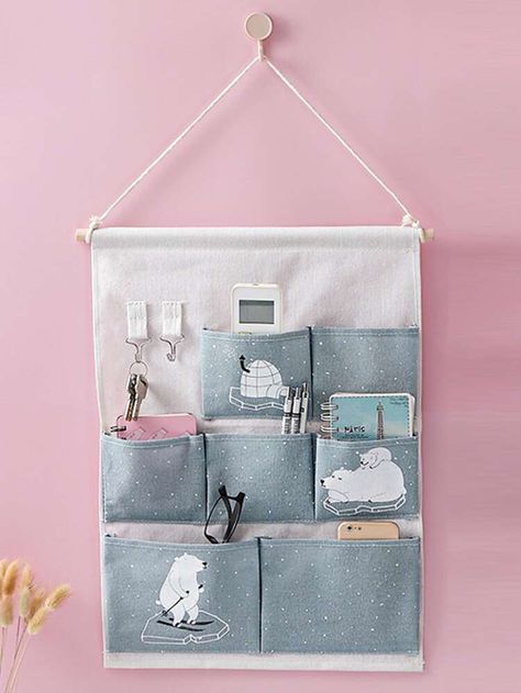 Wand Organizer, Polar Bear Print, Nursery Lighting, Clean Bedroom, Hanging Organizer, Blue Snowflakes, Decor Essentials, Hanging Bag, Wall Storage