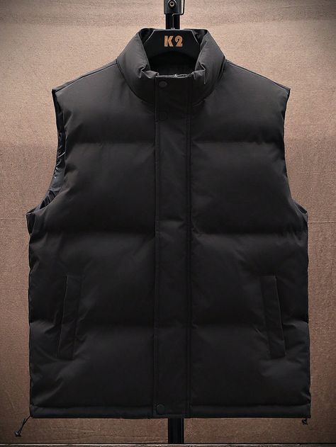 Men's Sleeveless Puffer Down Vest, Autumn Winter Warm Stand Collar Gilet Jacket Black   Sleeveless Woven Fabric Plain  Slight Stretch  Men Outdoor Apparel, size features are:Bust: ,Length: ,Sleeve Length: Man's Overcoat, Chaleco Casual, Sleeveless Puffer, Fitted Turtleneck, Casual Athletic, Black Vest, Down Vest, Mens Fleece, Mens Vest