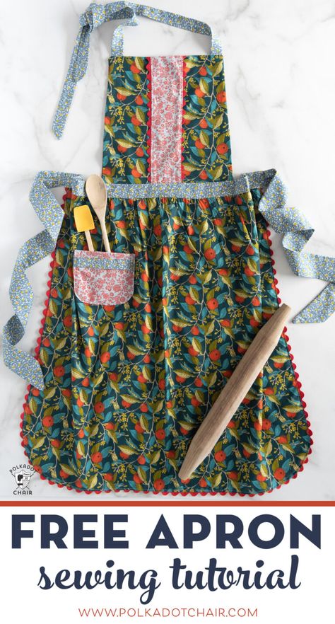 Learn how to make an apron with this free sewing pattern for an adult size apron. #sewing #apron #sewingforbeginners Ruffled Apron Pattern Free, Hostess Apron Pattern Free, Womens Apron Pattern Free, Things To Sow For Beginners, Retro Apron Patterns Free, Sewing Aprons Patterns Free, Sewing Gift Ideas For Women, Aprons Diy Patterns, Syprosjekter For Nybegynnere