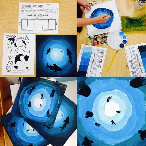 Teach and Shoot: ocean animals, color value project. This but with way more personalization and freedom. Color Value, 2nd Grade Art, 4th Grade Art, 5th Grade Art, 3rd Grade Art, Value In Art, Art Curriculum, Elementary Art Projects, Homeschool Art