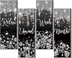 Glitter Bathroom, Home Spa Bathroom, Black And Silver Bathroom, Glam Bathroom Decor, Bathroom Decor Black, Sign For Living Room, Home Spa Room, Glam Bathroom, Wall Art Bathroom