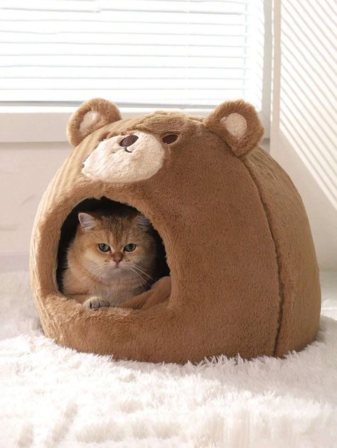 1pc Brown Bear Shaped Plush & Thickened Pet Bed For Small Dogs And Cats, Suitable For All Seasons Puppy Kennel, Niche Chat, Pet Sofa, Indoor Pets, Cat Cave, Cat Bed Furniture, Sleeping Dogs, Cat Shelter, Dog Mat