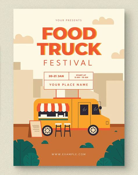 Food Truck Invitation, Food Truck Marketing Ideas, Food Stall Poster Design, Food Truck Advertising Ideas, Food Truck Graphic Design, Food Truck Template, Food Truck Flyer, Retro Food Truck, Food Truck Illustration