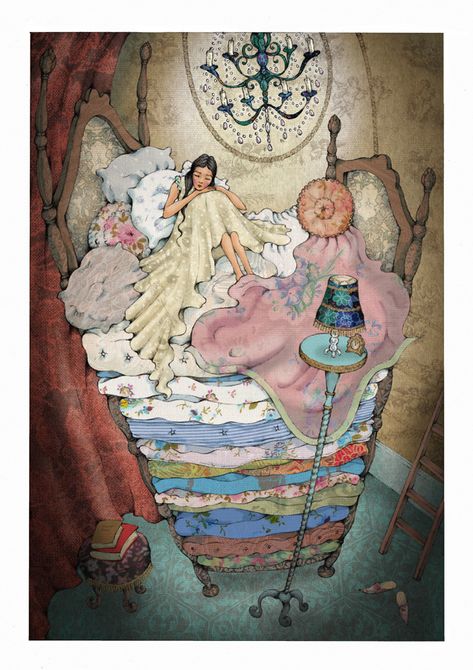 The Princess And The Pea, Princess Illustration, Princess Fairytale, Fairy Tale Illustration, Princess And The Pea, Fairytale Illustration, Fairytale Art, Romantic Art, Art Collage Wall