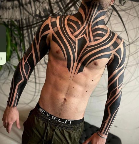 Arm And Hand Tattoos, Chest Tattoo Wings, Symmetrical Tattoo, Cyberpunk Tattoo, Tattoo Chest, Geometric Mandala Tattoo, Optical Illusion Tattoo, Armor Tattoo, Maori Tattoo Designs