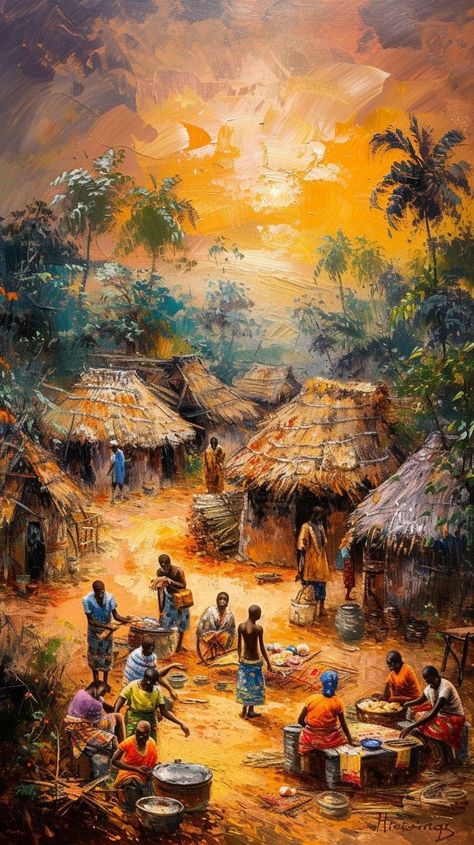 Village Culture Painting, African Village Art, African Art Pictures, African Village Painting, Africa Art Painting, Village Life Drawing, Village Life Painting, Village Scene Painting, Culture Pictures