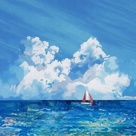 Blue Sea Under Clear Blue Sky - Watercolor Vision Studio Blue Sky Watercolor, Book Edges, Sky Watercolor, Marine Landscape, Sky Painting, Clear Blue Sky, Ocean Painting, Clear Sky, Artwork Print