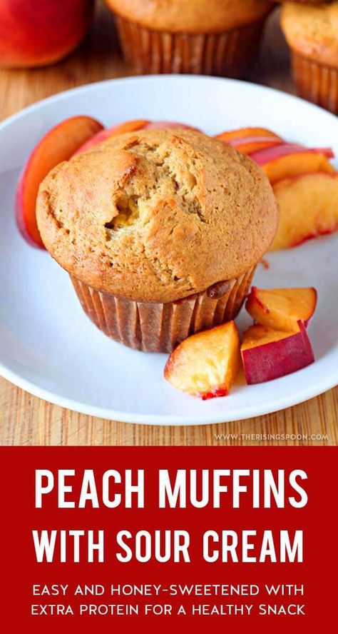 A light & creamy peach muffin recipe made with fresh peaches, sour cream, honey, and einkorn wheat flour. These peaches and cream muffins freeze well, have a good amount of protein, and make a yummy breakfast, snack or dessert with a cup of hot tea or coffee! Nectarine Muffin Recipes, Nectarine Muffins, Peaches And Cream Muffins, Peach Muffin, Peach Muffin Recipes, Cream Honey, Peach Muffins, Einkorn Flour, Peach Recipes