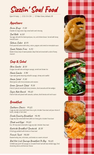 American Menu Templates - Ready to Customize - MustHaveMenus Jamaican Food Menu Design, Aesthetic Restaurant Menu Design, Fast Food Restaurant Menu Design, American Restaurant Menu Design, Soul Food Menu, Classic Menu Design Restaurants, Soul Food Restaurant, Menu Maker, Country Breakfast