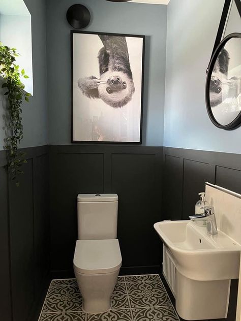 Black Panelling Toilet, Wc Ideas Downstairs Loo, Small Wc Ideas Downstairs Loo, Small Wc, Black Panelling, Cloakroom Ideas, Wc Ideas, Small Downstairs Toilet, Bathroom Under Stairs